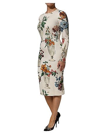 Dolce & Gabbana Basic White Flower Vase Silk Sheath Midi Women's Dress (view 2)