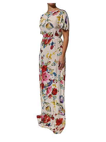 Dolce & Gabbana Basic White Floral Print Silk Sheath LongGown Women's Dress (view 2)