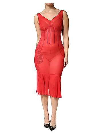 Dolce & Gabbana Basic Red Silk Sleeveless Sheath V-neck Midi Women's Dress (view 1)