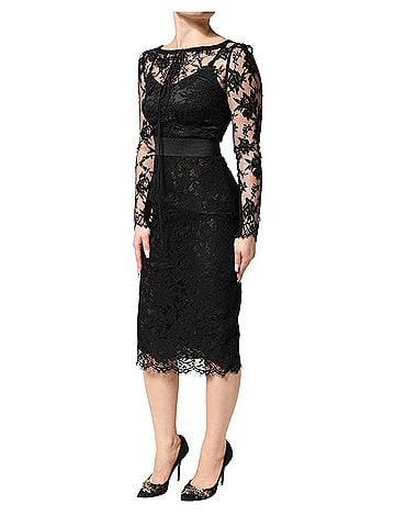 Dolce & Gabbana Basic Black Lace Trim Cotton Sheath Midi Women's Dress (view 2)