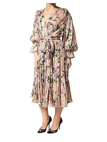 Dolce & Gabbana Basic Pink Lily Print A-line Pleated Maxi Women's Dress (view 2)