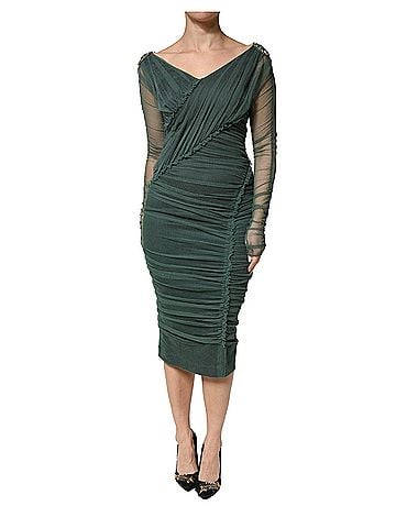 Dolce & Gabbana Basic Green Ruched Mesh Sheer Sleeves Midi Women's Dress (view 1)