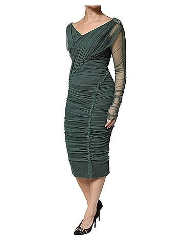 Dolce & Gabbana Basic Green Ruched Mesh Sheer Sleeves Midi Women's Dress (view 2)