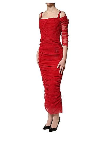 Dolce & Gabbana Basic Red Cotton Ruched Stretch Tulle Midi Women's Dress (view 2)