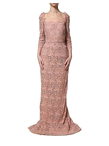 Dolce & Gabbana Basic Pink Lace Long-Sleeved Evening Gown Women's Dress (view 1)