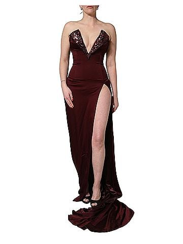 Dolce & Gabbana Basic Maroon Embellished Vneck Evening Gown Women's Dress (view 1)