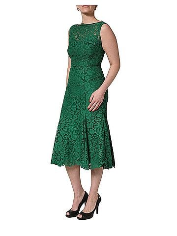 Dolce & Gabbana Basic Green Floral Lace Cotton Sleeveless Midi Women's Dress (view 2)