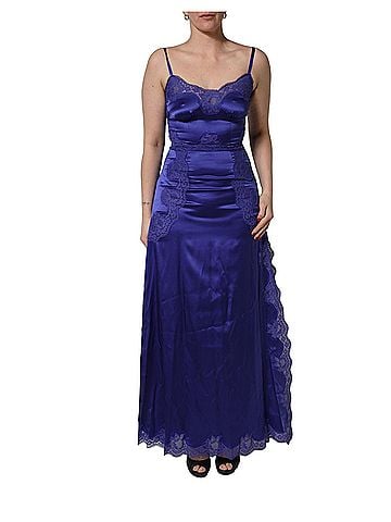 Dolce & Gabbana Basic Blue Sleeveless Lace Trim A-line Gown Women's Dress (view 1)