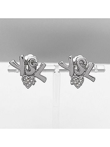 Yves Saint Laurent YVES SAINT LAURENT Logo Heart Earrings, Vintage Old Metal Rhinestone Silver, Women's (view 2)