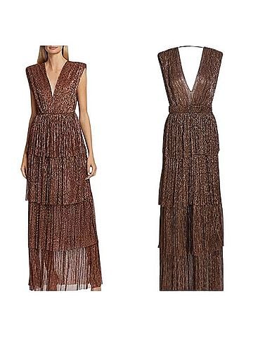 Sabina Musayev Metallic Bronze Deep-V Tiered Maxi Dress Cocktail Dress (view 1)