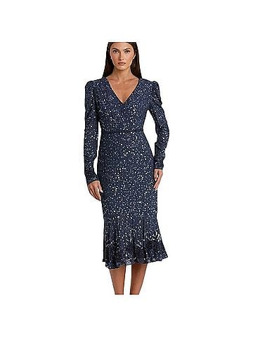Mac Duggal Sequin Embellished Flounce Hem Surplice V Neck Long Sleeve Midi Dress Casual Dress (view 1)