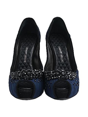 Giorgio Armani Giorgio Armani Embellished Peep-Toe Pumps in Navy Blue Satin (view 2)