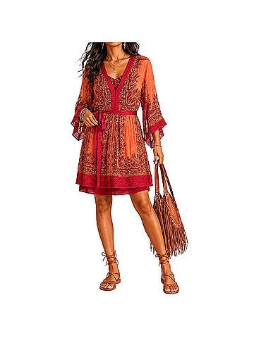 Chaudry Kaftan Dress With Bell Flutter Sleeve  Casual Dress (view 1)