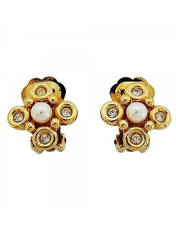 Christian Dior Christian Dior Earrings, Flower Motif, GP Plated, Faux Pearl, Rhinestone, Gold, Women's, P2826664 (view 1)