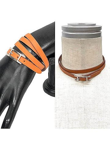 Hermès Hermes Api3 Bracelet, Medium Size, Leather Long Bracelet/Choker, Orange x Camel, with ? N Stamp (view 2)
