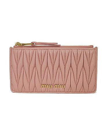 Miu Miu Miu coin case, Matelassé gathered lambskin card case with RFID IC chip, metal logo, pink, 5MB006, women's. (view 1)