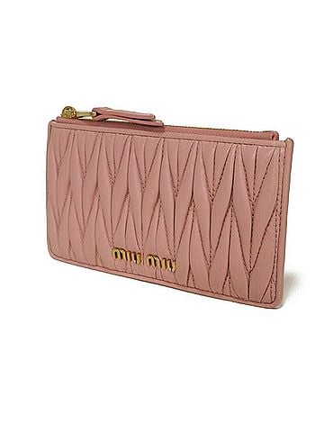 Miu Miu Miu coin case, Matelassé gathered lambskin card case with RFID IC chip, metal logo, pink, 5MB006, women's. (view 2)