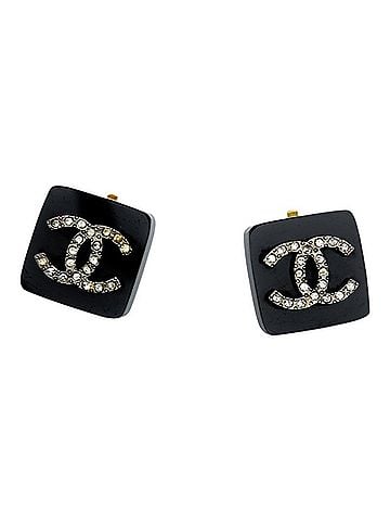 Chanel Chanel Vintage Coco Mark Square Earrings, Black Plastic with Plated Rhinestones, Women's CHANEL (view 1)