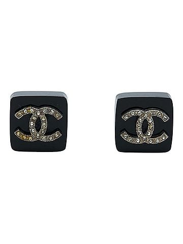 Chanel Chanel Vintage Coco Mark Square Earrings, Black Plastic with Plated Rhinestones, Women's CHANEL (view 2)