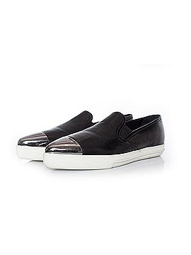 [Miu Miu] Black Leather Slip-On Sneakers with Silver Toe Cap 38 1/2 Miu Miu Black Leather Metal Cap Toe Sneakers Size 8/38.5  main image 2