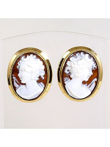 Unbranded 18K (18-karat) Yellow Gold Earrings with Shell Cameo, Total Weight 2.9g, Jewelry (view 1)