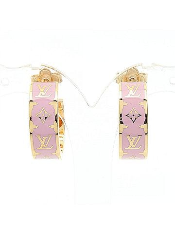 Louis Vuitton Louis Vuitton Nanogram Enamel Hoop Earrings, Gold Plated (GP), Women's, Pink/Gold Tone, M01831 (view 2)