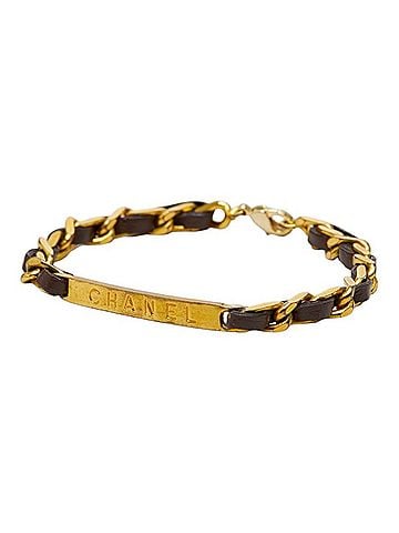 Chanel Chanel Logo Bracelet, Gold and Brown Plated Leather, Women's. (view 1)