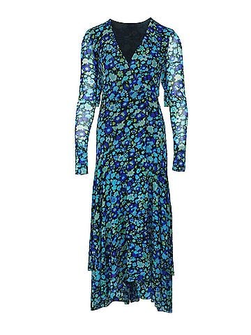 Ganni Ganni Floral Print Mesh Wrap Dress in Blue Polyamide (view 1)