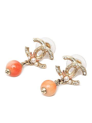Chanel Chanel Coco Mark Stud Swing Earrings, 12-Stamp, Gold and Orange Plated Rhinestones, Faux Pearl, Women's CHANEL (view 1)