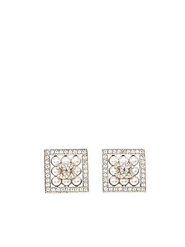 Chanel Chanel Coco Mark Square Stud Earrings, C24S Engraving, Silver Metal Rhinestone, Faux Pearl, Women's CHANEL (view 1)