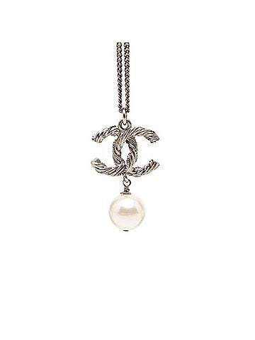 Chanel Chanel Coco Mark Chain Pendant Necklace, C14V Stamped, Silver Metal, Faux Pearl Rhinestone, Women's CHANEL (view 2)