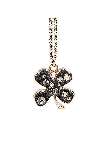 Chanel Chanel Clover Motif Chain Pendant Necklace, 07A Stamp, Black Gold Plated Rhinestone, Faux Pearl, Women's. (view 1)