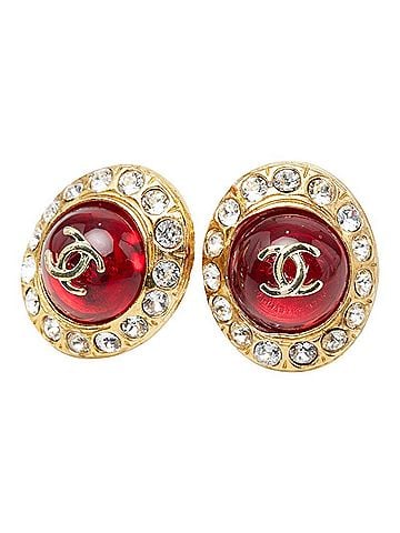 Chanel Chanel Coco Mark Gripoir Rhinestone Earrings, Gold Red Plated Glass, Women's CHANEL (view 1)