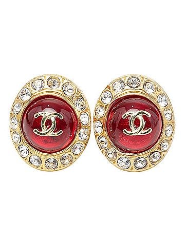 Chanel Chanel Coco Mark Gripoir Rhinestone Earrings, Gold Red Plated Glass, Women's CHANEL (view 2)