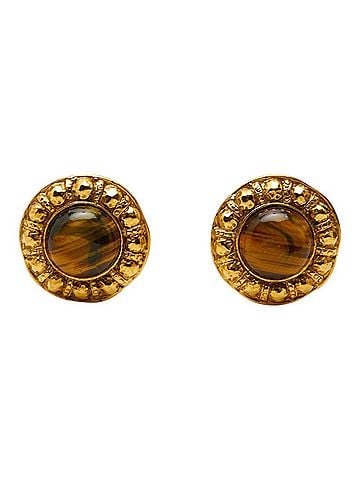 Chanel Chanel Round Earrings, Gold and Brown Plated, Tiger Eye, Women's. (view 2)