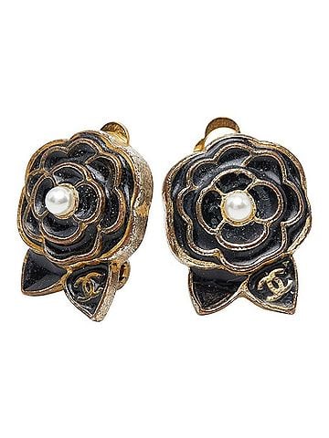 Chanel Chanel Camellia Coco Mark Earrings 02A Black Gold Plated Enamel Faux Pearl Women's CHANEL (view 1)