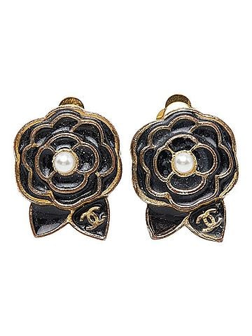 Chanel Chanel Camellia Coco Mark Earrings 02A Black Gold Plated Enamel Faux Pearl Women's CHANEL (view 2)