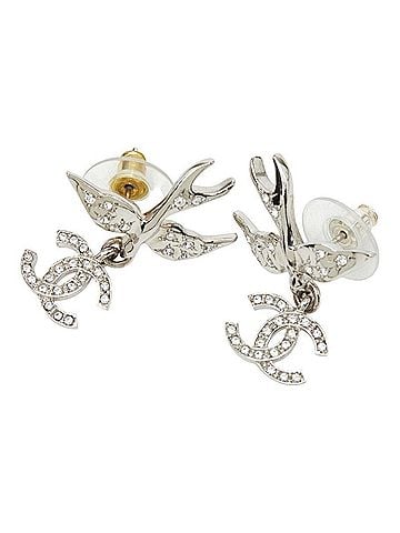 Chanel Chanel stud earrings, swinging bird design, silver metal with crystal, for women. (view 1)