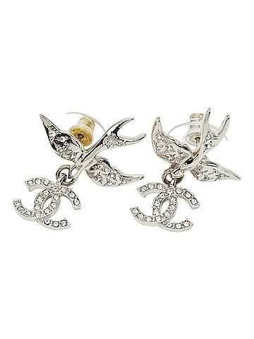 Chanel Chanel stud earrings, swinging bird design, silver metal with crystal, for women. (view 2)