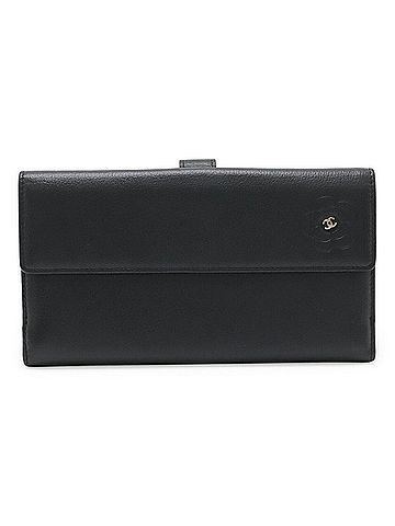 Chanel CHANEL Camellia Double Long Wallet, Leather, Black, A46509 (view 1)