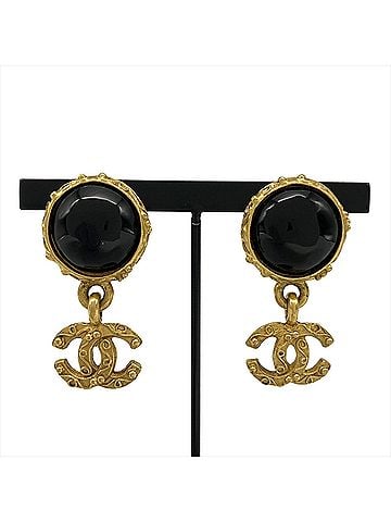 Chanel Chanel Coco Mark GP Earrings, Metal, 96A, Black with Gold Hardware, Women's (view 1)