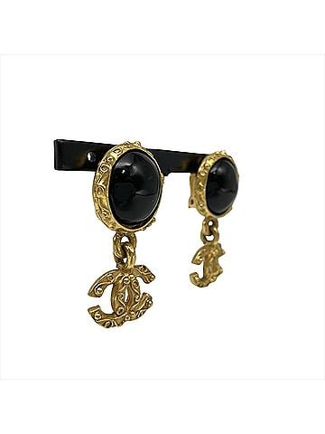 Chanel Chanel Coco Mark GP Earrings, Metal, 96A, Black with Gold Hardware, Women's (view 2)