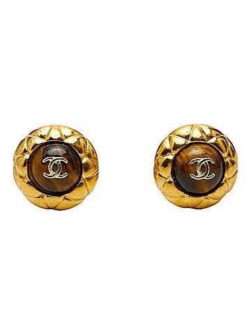 Chanel Chanel Coco Mark Earrings, Gold and Brown Plated, with Colored Stones, for Women. (view 2)