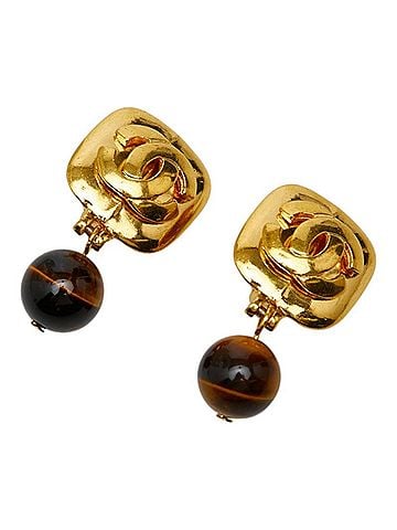 Chanel Chanel Vintage Coco Mark Earrings, Gold and Brown Plated, Tiger Eye, Women's CHANEL (view 1)