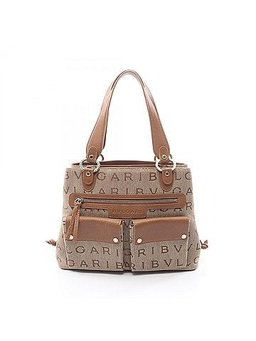 Bvlgari Bulgari BVLGARI Logomania Maxi Letter Handbag, Canvas and Leather, Women's, Beige/Brown (view 1)