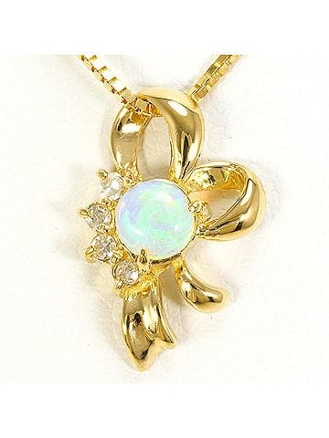 Unbranded 18K (18-karat) Yellow Gold Necklace with Opal and Diamond (carat mark not specified). Total weight 2.4g. 40cm. Jewelry. (view 1)