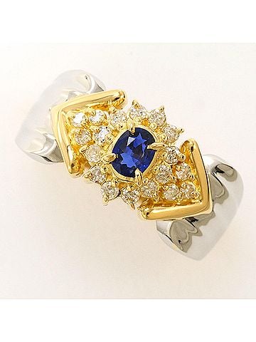 Unbranded PT900 Platinum 18K Yellow Gold Ring with Sapphire and Diamond (carat weight not stamped). Total weight: 4.5g. Jewelry. (view 1)