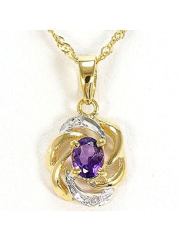 Unbranded 18K (18-karat) Yellow Gold Necklace with Amethyst and Diamond (carat mark not specified), Total Weight 1.3g, 40cm, Jewelry (view 1)