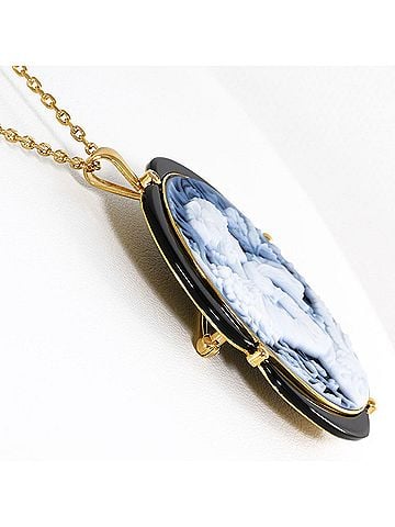 Unbranded 18K Yellow Gold Necklace Brooch with Stone Cameo and Onyx, Approx. 40cm, Total Weight 17.0g, Jewelry (view 2)