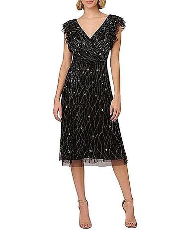 Adrianna Papell Beaded Mesh Surplice V-Neck Flutter Sleeve Dress Cocktail Dress (view 1)